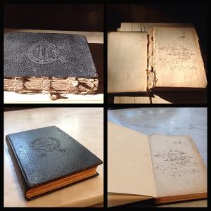 A small well loved Bible in need of repair. Spine completely missing, covers detached, corners; split, exposed and swollen, fly leaf missing. Restored with a matching grain leather, re-backed, leather corners, end papers dyed to match.